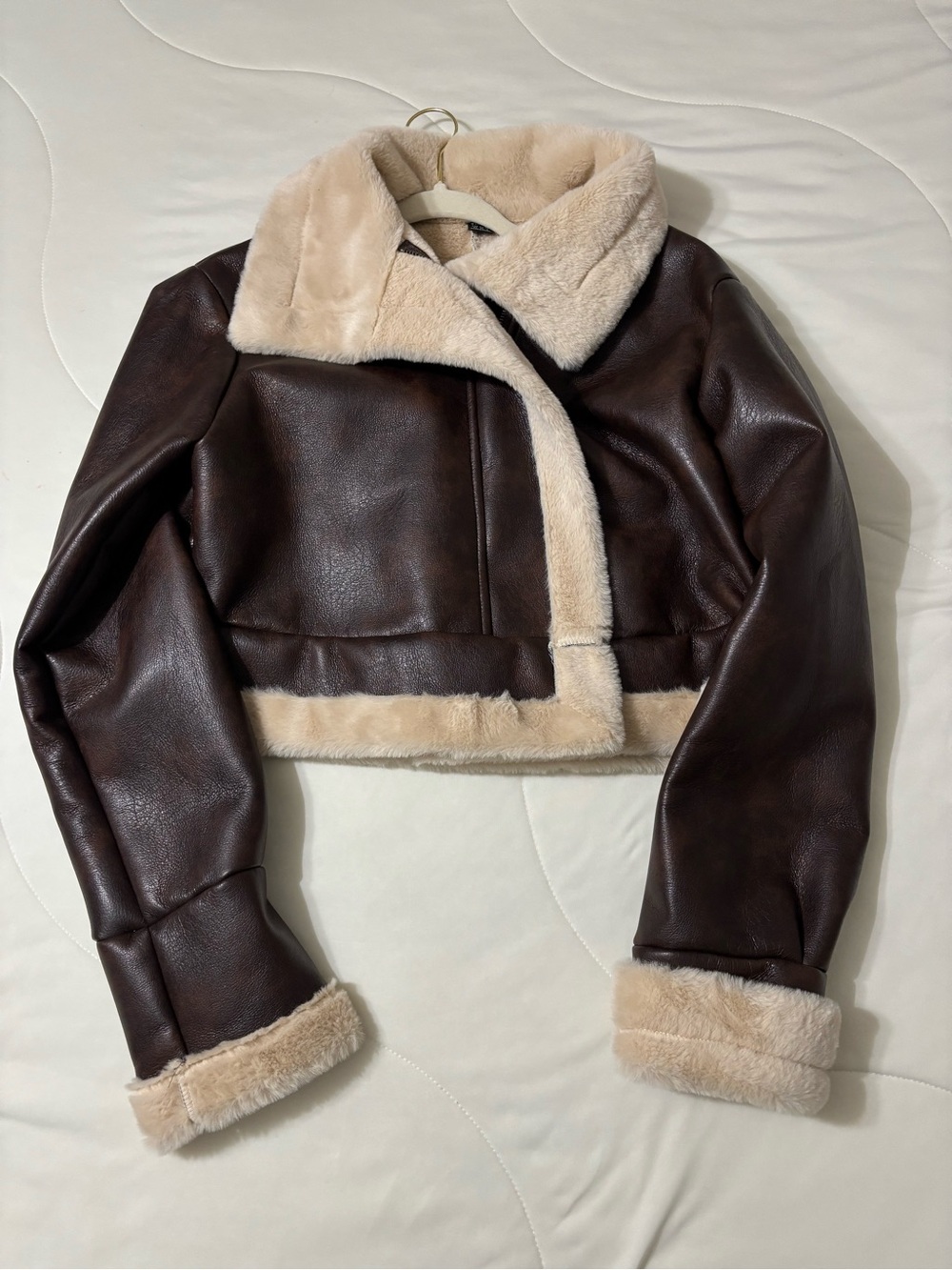Women’s Chocolate Brown Faux Leather Shearling Jacket with Cream Trim